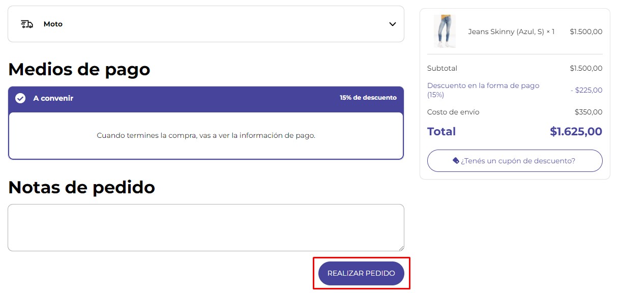Checkout en la opción de medios de pago con el personalizado elegido y el botón "Realizar pedido" resaltado