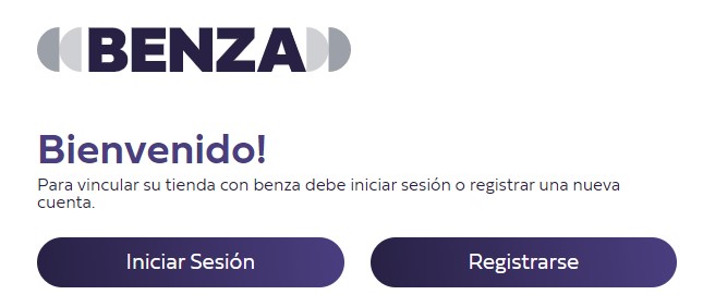 Aviso de bienvenida en la página de Benza, con dos botones: "Iniciar sesión" a la izquierda, "Registrarse" a la derecha