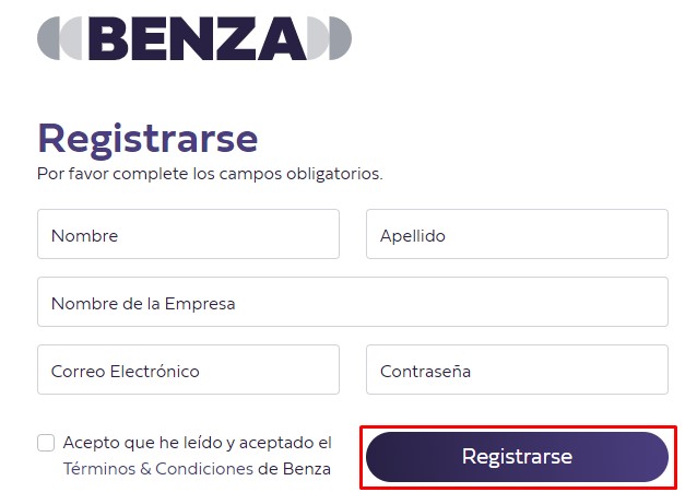 Campos a completar para crear una cuenta en Benza: nombre, apellido, nombre de la empresa, email, contraseña, aceptar los términos y botón "Registrarse"