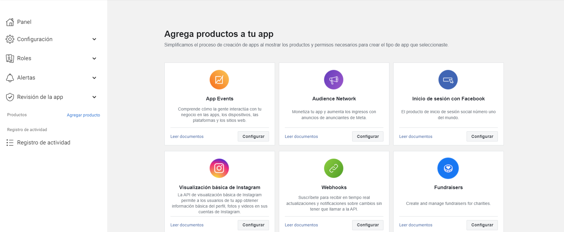 Pantalla de Facebook Developers para agregar productos a tu app