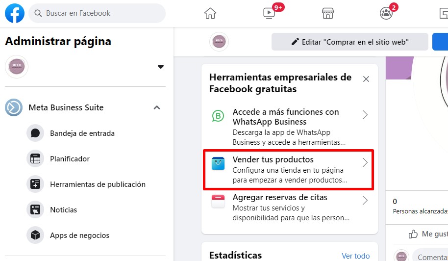 Página de administración de la Fan Page, con la opción "Vender tus productos" resaltada dentro de la sección "herramientas empresariales de Facebook gratuitas