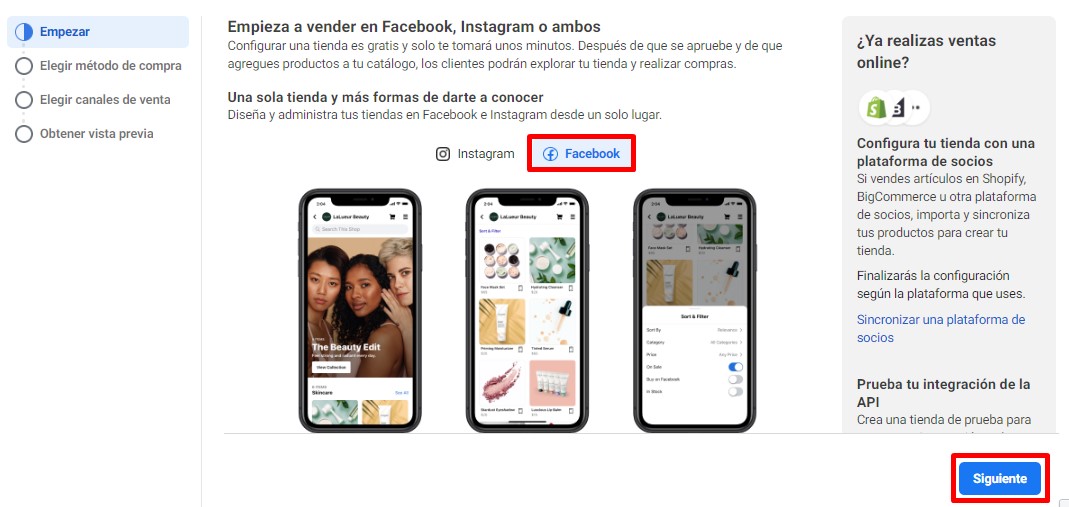 Página para elegir si crear la tienda en Facebook o Instagram. Botón "Siguiente" resaltado.