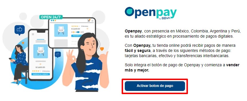 Pantalla de inicio de Openpay, con el botón "Activar botón de pago" resaltado
