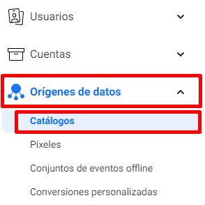 Opciones "Orígenes de datos" y "Catálogos" resaltados en la barra lateral izquierda