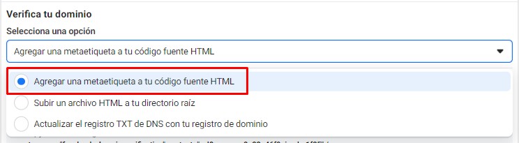 Desplegable con las opciones para verificar el dominio, con la opción Agregar una metaetiqueta a tu código fuente HTML seleccionada