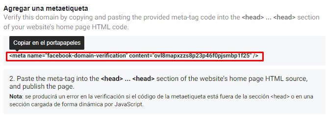 Sección Agregar una metaetiqueta seleccionando el código para copiarlo