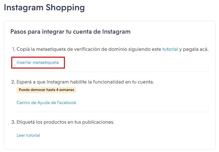 Sección Canales de venta - Instagram Shopping de la versión tres, en la que el botón "Insertar metaetiqueta" está en el primer paso resaltado
