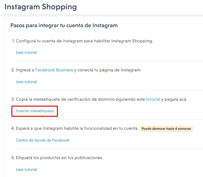 Sección Canales de venta - Instagram Shopping de la versión dos, en la que el botón "Insertar metaetiqueta" está en el tercer paso resaltado