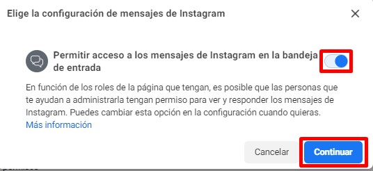 Ventana para la configuración de mensajes de Instagram con el botón activo y Continuar resaltados