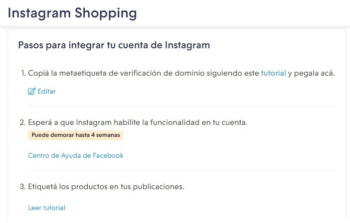 Sección Canales de venta - Instagram Shopping, con la versión 3 de la integración. Con tres pasos
