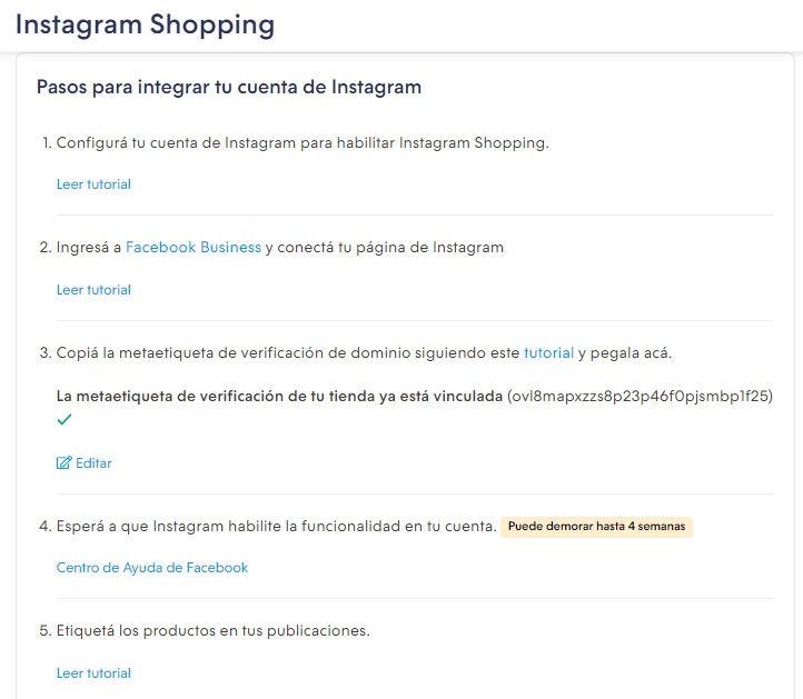 Sección Canales de venta - Instagram Shopping, con la versión 2 de la integración. Con cinco pasos