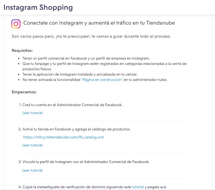 Sección Canales de venta - Instagram Shopping, con la versión 1 de la integración. Con el logo de Instagram