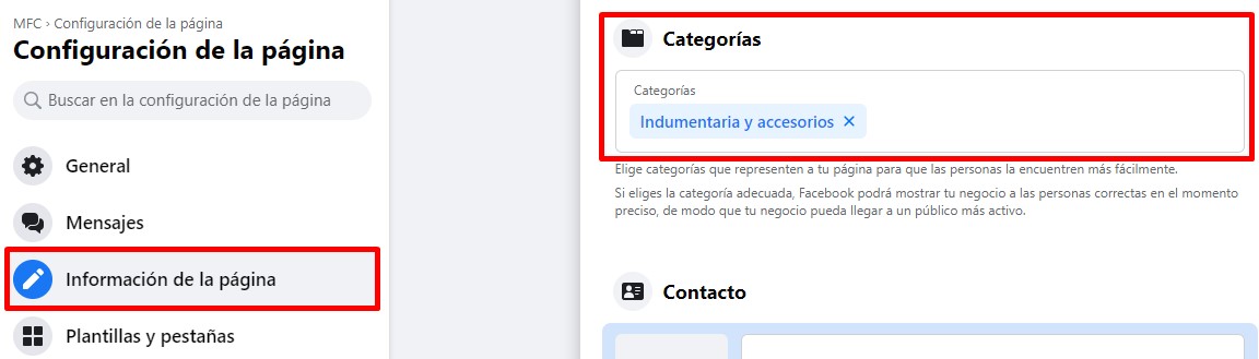 Configuración de la página de Facebook, en la sección Información de la página mostrando en la parte de Categorías "Indumentaria y accesorios"