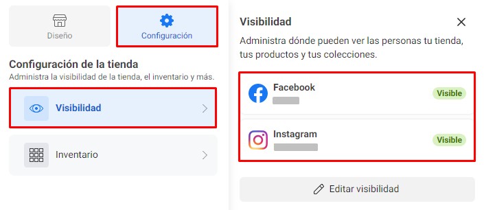 Sección Configuración - Visibilidad, donde se muestra si las tiendas de Facebook e Instagram están visibles
