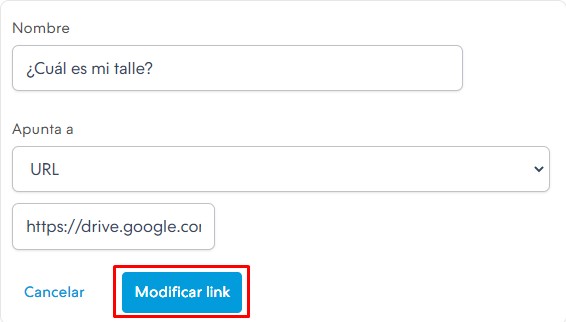 Campos del link modificados y botón "Modificar link" resaltado