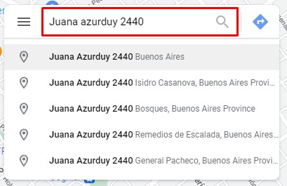Barra buscadora de Google Maps, mostrando que se buscó Juana Azurduy y los resultados de Google