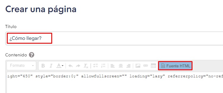 Pantalla para crear una página, mostrando que se agregó el título y se copió el código desde la opción Fuente HTML