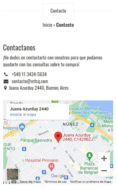 Mapa agregado en la página de contacto, vista desde un celular