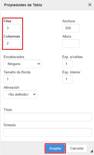 Ventana emergente para configurar las propiedades de la tabla, con el número de filas y columnas y el botón Aceptar resaltado