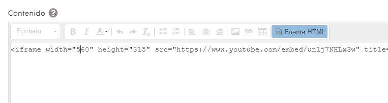 Campo de contenido en opción Fuente HTML con el código pegado