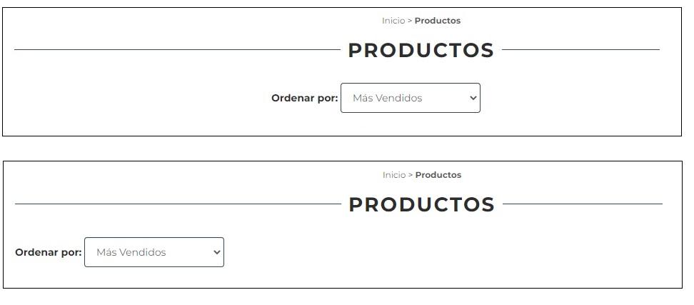 Parte superior del listado de productos de una tienda, una vez con la opción para ordenar los productos centrada y otra a la izquierda