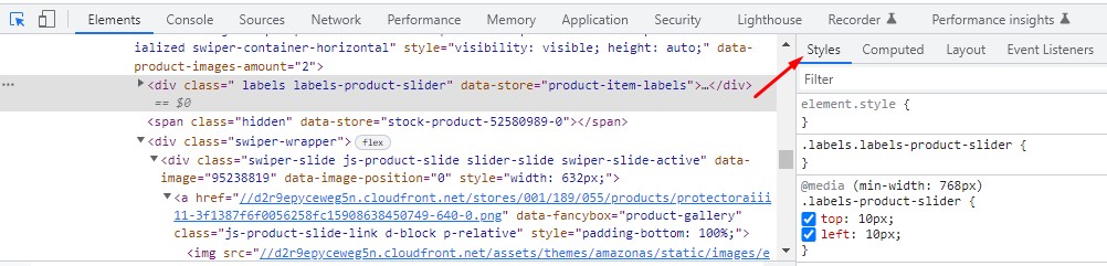 Ventana con el código del navegador. Del lado derecho, la sección Styles con los códigos CSS de la tienda