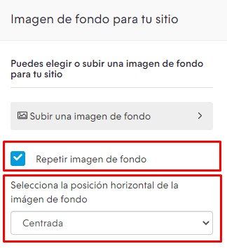 Sección de imagen de fondo para tu sitio con la opción de Repetir imagen marcada y el desplegable para seleccionar la posición de la imagen