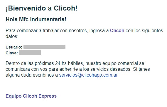 Email de bienvenida de clicOH, con el usuario y contraseña