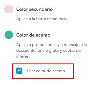 Sección de Colores de tu marca, mostrando la casilla Usar color de acento marcada y resaltada, abajo de Color de acento