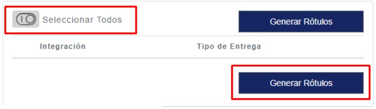 Panel de Correo Argentino con la opción Seleccionar Todos y el botón Generar Rótulos resaltadas
