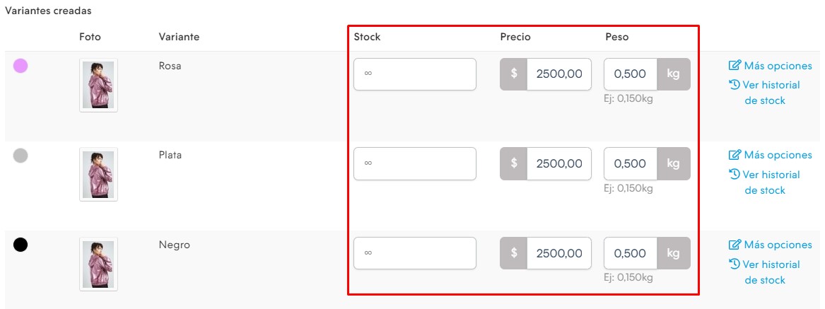 tres variantes de color creadas dentro del producto, con las opciones para editar el stock, precio y peso resaltadas