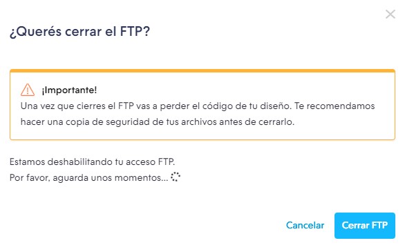 Misma pantalla que en el paso anterior, pero con un aviso indicando que se está deshabilitando el acceso al FTP y que debe aguardar unos minutos.
