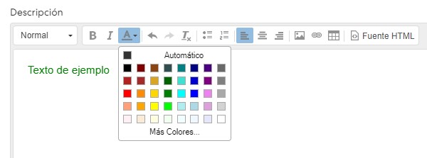 Campo de edición de la descripción mostrando un ejemplo de texto en color