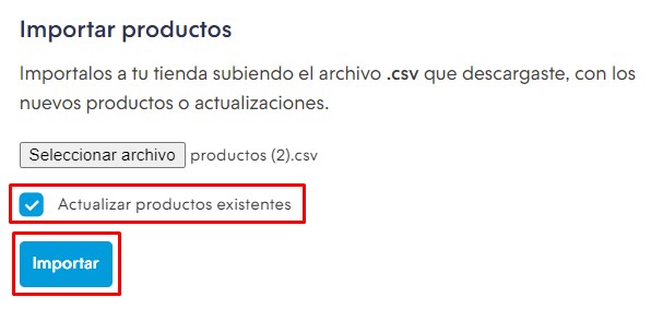 Sección para importar productos, mostrando el botón Seleccionar archivo, la casilla Actualizar productos existentes marcada y el botón importar resaltado