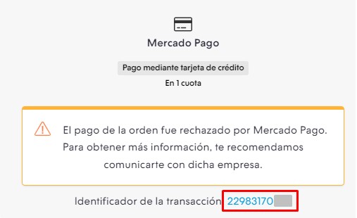 Detalle de una orden de ejemplo, mostrando señalado el identificador de la transacción en la sección donde se muestra la información del medio de pago