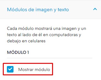 Casilla Mostrar módulo marcada y resaltada, dentro de la opción Módulos de imagen y texto