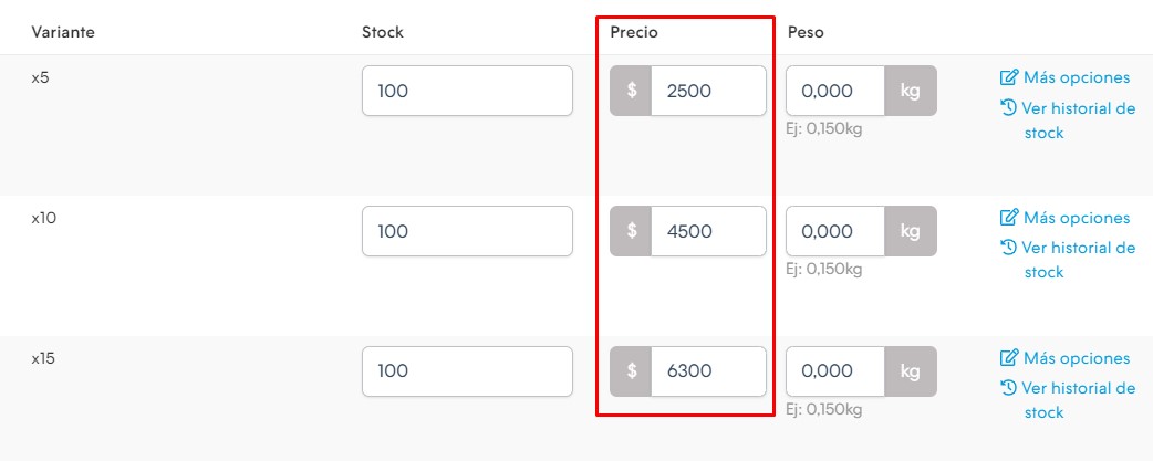 Detalle de un producto en el Administrador, mostrando que cada variante de cantidad tiene un precio diferente