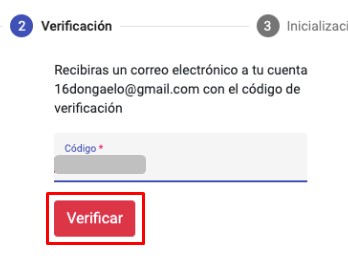 Campo para agregar el código de verificación recibido por email y botón Verificar resaltado