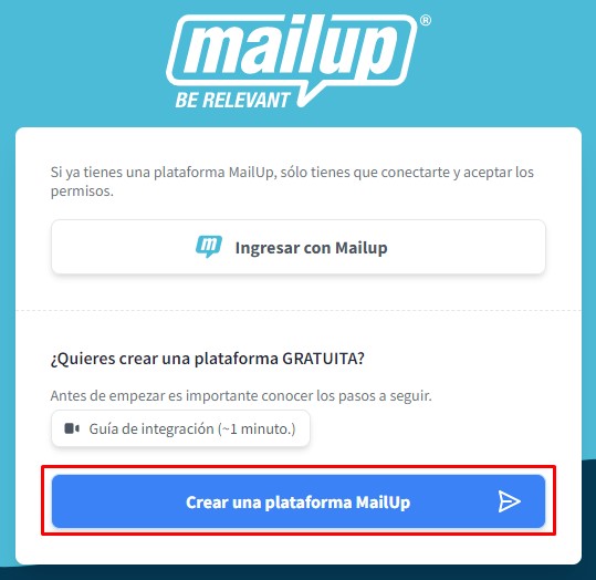Página de MailUp con el botón Crear una plataforma MailUp resaltado