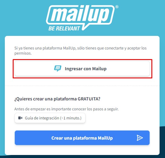 Página de MailUp con el botón Ingresar con MailUp resaltado