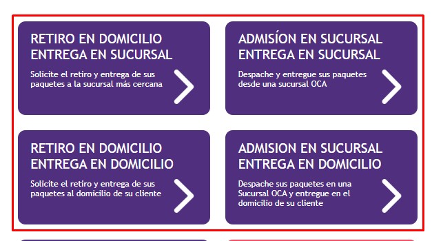 Página de inicio de OCA ePak con las cuatro modalidades de envío