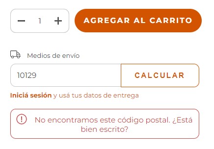Calculador de envíos con un código postal de Uruguay indicando que no se encontró el código postal