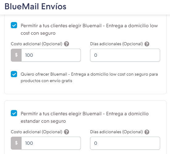 Campos para habilitar, deshabilitar, agregar un costo y días adicionales, y para ofrecer el servicio para productos con envío gratis para los servicios de BlueMail
