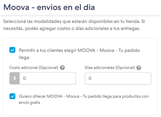 Campos para habilitar, deshabilitar, agregar un costo y días adicionales, y para ofrecer el servicio para productos con envío gratis para Moova