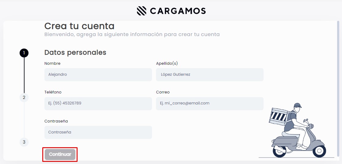 Pantalla para completar datos personales en la página de Cargamos, con el botón Continuar resaltado