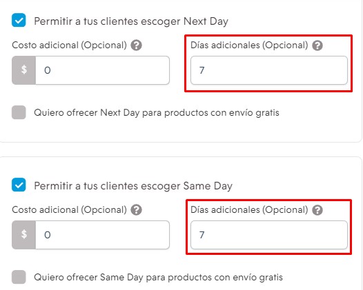 Configuración para una aplicación de envíos, mostrando los campos para agregar días adicionales resaltados