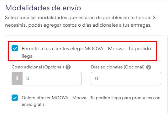 Configuraciones de las modalidades de envío de Moova, mostrando resaltada la casilla para permitir que los clientes elijan una de las opciones