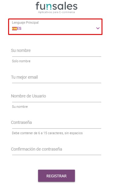 Formulario de registro de Funsales, con el idioma Español seleccionado