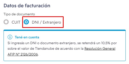 Opción de DNI/Extranjero seleccionada para tipo de documento