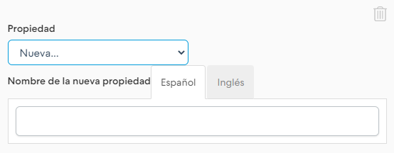 Opción para agregar una nueva variante de propiedad, mostrando que el campo Nombre se puede agregar en Español e Inglés